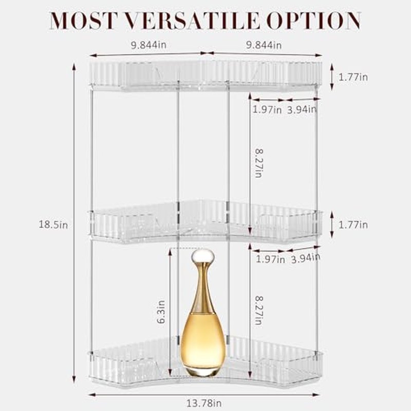 3-Tier Corner Bathroom Counter Organizer, Large Makeup Organizer For Vanity, Skincare Perfume Organizers For Women Or Men, Exquisite Corner Shelf For Bathrooms, Kitchens, Or Bedroom, (Clear, 3 Tier)
