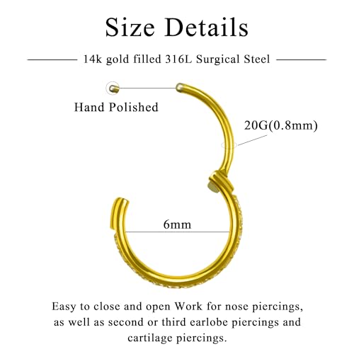 SmileBelle14k Hinged Nose Rings Hoops for Women Studs,316L Surgical Steel Clicker Septum Rings, Gold Nose Hoop Huggie Earring for Upper Lobe Cartilage Helix Piercing Jewelry（6mm-20g）