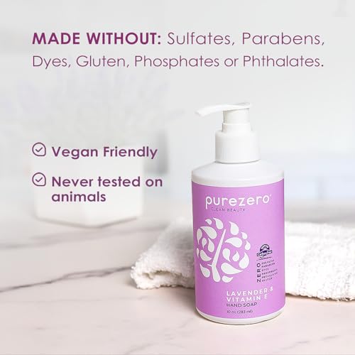 Purezero Lavender & Vitamin E Hand Soap Soothing & Hydrating, Paraben-Free & Vegan Liquid Hand Wash for Bathroom or Kitchen, USA-Made, Cruelty-Free, 10 ounces (3 Pack)