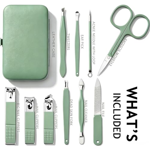 10-Piece Stainless Steel Manicure Set in Jade Green - Travel Grooming Kit