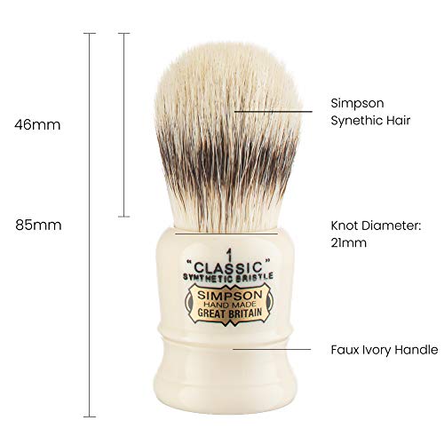 Simpsons Classic 1 - CL1 Synthetic Platinum High density Fibre Faux Handle Ivory Shaving Brush - Simpson Shaving Brushes - Wet Shave Deluxe Thick & Luxurious Lather Handle Dense & Extra Soft Bristles