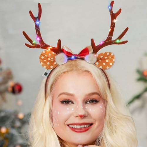 Fdesigner Antler Reindeer Headbands Brown Light Up Christmas Deer Hairband Elk Headband Xmas Fawn Ears Headpiece Holiday Women Hair Accessories Props for Costume (Bow)