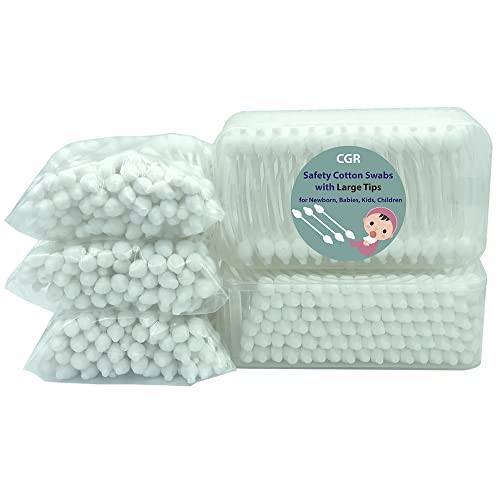 400pcs CGR Baby Safety Cotton Swabs with Large Tips for Newborn, Babies, Kids, Children, 100% Organic Cotton, White Paper Sticks, 5 Pack of 80 Swabs Total(2 Boxes and 3 Bags)