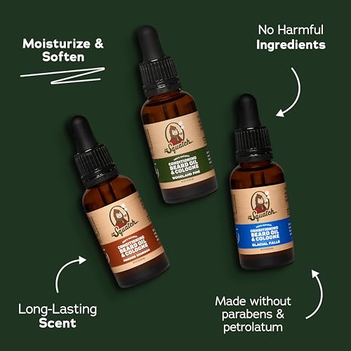Dr. Squatch Conditioning Beard Oil & Cologne 3 Pack - Natural Men's Beard Oil Gift Pack - Nourish & Moisturize - Long Lasting Scent - Fireside Bourbon, Glacial Falls, Woodland Pine