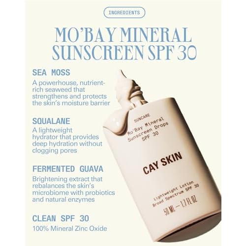 Cay Skin Mo'Bay Mineral Sunscreen Drops SPF 30 ? Broad Spectrum Face Sunscreen & Makeup Primer w/Sea Moss ? Lightweight, Moisturizing Reef Safe Lotion with Natural Finish for All Skin Types ? 1.7 oz.