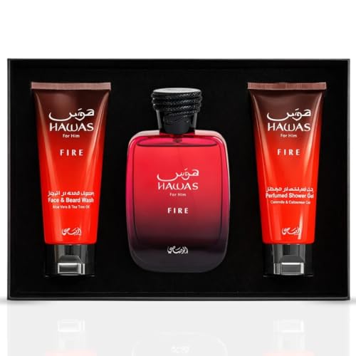 Hawas Fire Gift Set for Men - Eau De Parfum 100ml, Face & Beard Wash, Shower Gel