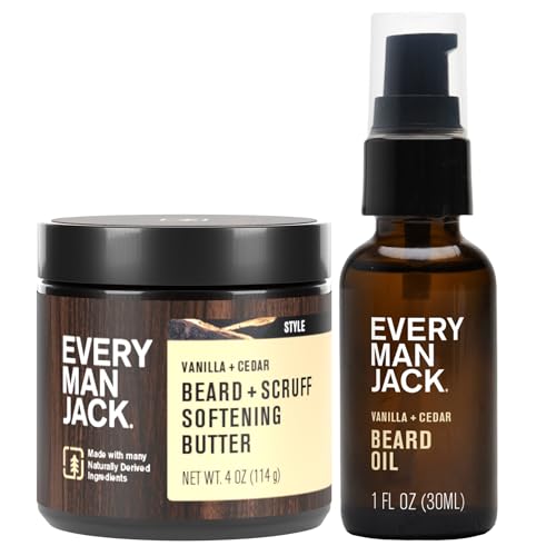 Every Man Jack Beard Oil & Scruff Softening Butter Bundle - Vanilla + Cedar Scent - Rejuvenates, Hydrates & Styles Dry Beards - Naturally Derived with Cocoa Butter and Shea Butter