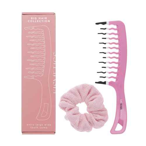 Big Hair Tools Extra Large Wide Tooth Comb for Thick, Curly, Wavy or Long Hair - Frizz-Free Detangling Shower Comb - Big Hair Comb and Microfiber Scrunchie
