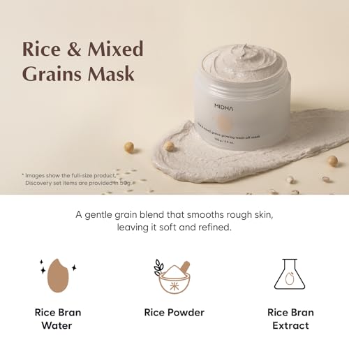 MIDHA RICE WASHOFF MASK DISCOVERY SET, 1.76oz x 3/50g, Dull Skin Care, Hydrating and Soothing, Pore Refining Treatment, Vitamin C face mask, Skincare for Travel, Mini Skincare Kit, 3-in-1 Set