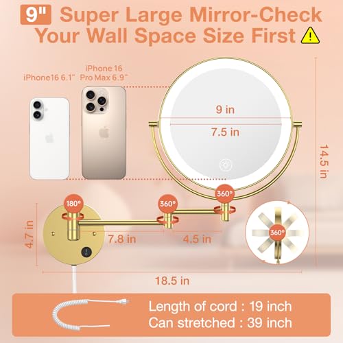 Benbilry 9" Large Wall Mounted Lighted Makeup Mirror, 1X/10X Magnifying 2-Sided AC Plug-in Powered Bathroom Mirror with 3 Color Lights, Touch Dimmable, Extended Arm 360¡Æ Rotation, ¡¼Gold¡½