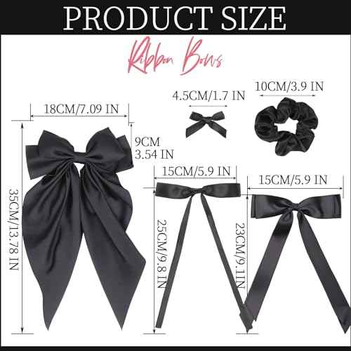 YGDZ 16PCS Black Hair Bows Set, Silky Satin Oversized Bow for Women, Large, Medium, Small Ribbon Bows, Black Hair Scrunchies, Hair Accessories