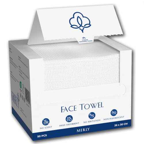 Merly¢â Disposable Face Towels, Facial Wipes Towelettes Disposable, Towels Cloth For Cleaning Face, 10"x12", 50 Counts, 1 pack, Ultra-Soft, Super Absorbent, Biodegradable