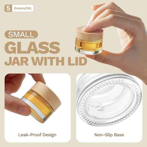 Bumobum 12 Pcs 5 Grams Glass Cosmetic Jars with Plastic Wood-Grain Lids, 5 ml Lip Balm Containers Empty Tiny Sample Jars for Lip Scrub Makeup Eye Cream Travel