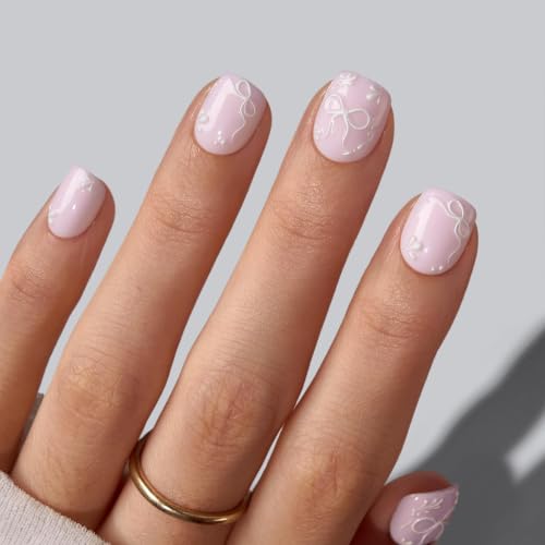 BTArtbox Press On Nails Squoval Bloom Together - 32Ct Pink 3D Bow
