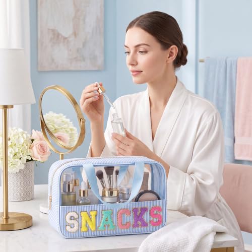 Seersucker Makeup Bag with Chenille Letters, 3-Pack Travel Organizer
