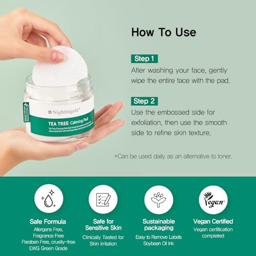 Nightingale Teatree Calming Pads, Facial Toner Pads with Tea Tree & PHA, Low pH Daily Toner Pads, Soothing for Sensitive & Irritated Skin, Hypoallergenic, Vegan Pads, korean skin care