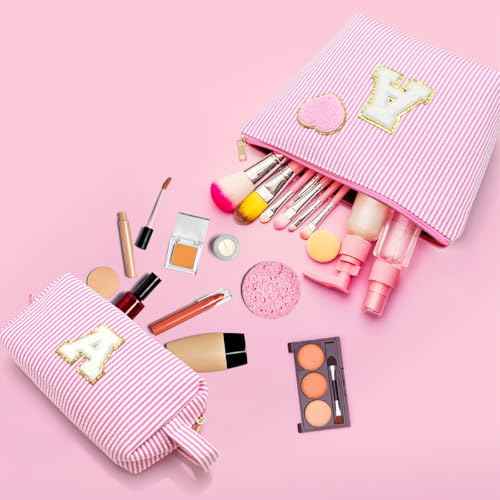 Initial Makeup Bag Personalized Preppy Cosmetic Bag Trendy Toiletry Travel Bag For Teen Girls Kids Women Letter Makeup Pouch Purse Holiday Gifts Birthday Christmas Gifts 2pack (A, Pink)