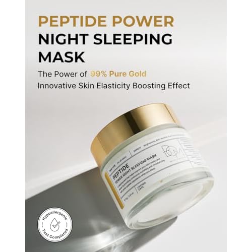 BOM COSMETICS Peptide Power Night Sleeping Mask 2.64 Fl Oz, High-Density Hydrating Overnight Facial Mask with Penta-Peptides and 99% Pure Gold for Skin Elasticity, Smooth Skin Texture, Korean Skincare