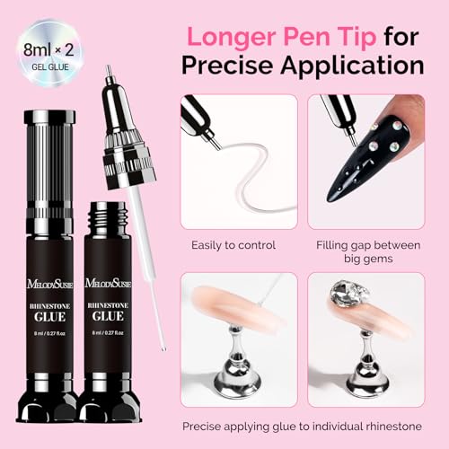 MelodySusie Rhinestone Glue Gel 8ml*2 with Brush for Nail Gems & Charms - Long Lasting