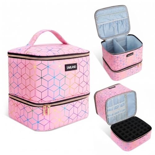 SAVILAND Pink PU Leather Nail Polish Organizer Bag for Nail Tech - A-Pink