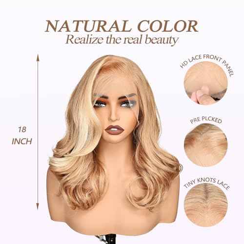 SISgrace 13¡¿6 Pre Plucked HD Lace Front Wigs Pre Layered Body Wave Natural Hairline Synthetic Glueless Wigs for Women 18 Inch Tiny Knots Lace Bob Wigs (Blonde with White Highlight)