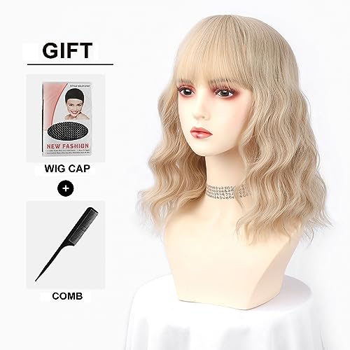 Aiemnnie Short 613 Bob Wig with Bangs for Women Wavy Wig Synthetic Wigs with Bangs Curly Wavy Wig for Girls Daily Use （14 Inches）