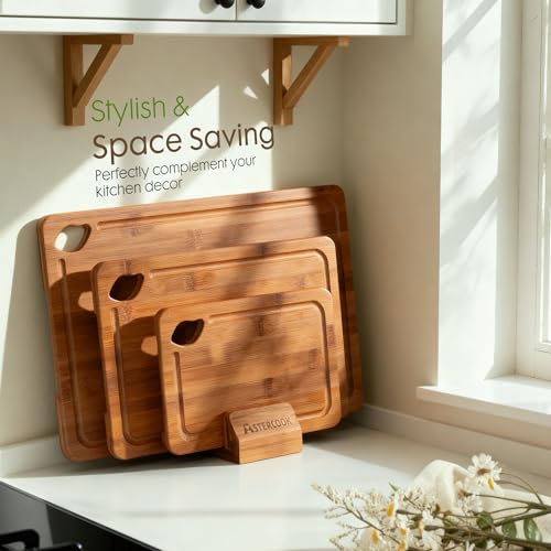 Astercook Bamboo Cutting Board Set with Storage Stand & Juice Grooves