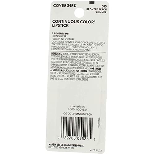 CoverGirl Continuous Color Lipstick, Bronzed Peach [015], 0.13