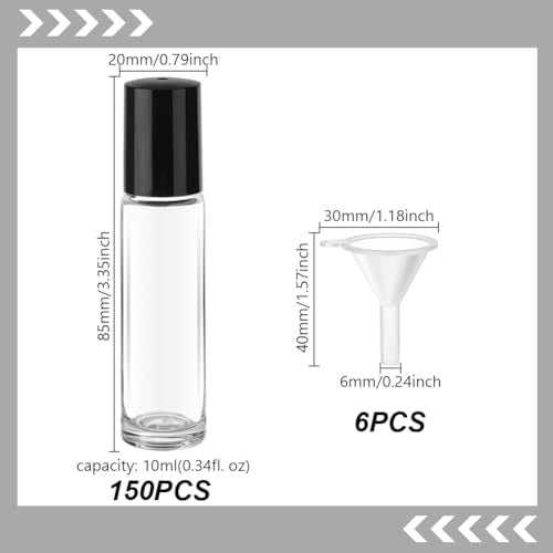 AHANDMAKER 150pcs Glass Roller Bottles 10ml Essential Oil Rollerball Leak Proof Travel Size Roll On Bottle with 6Pcs Funnel for DIY Aromatherapy Massage Holiday Gifts Decoration
