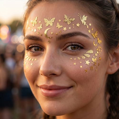 Gold Glitter Face Tattoos - 20 Sheets Waterproof Temporary Stickers