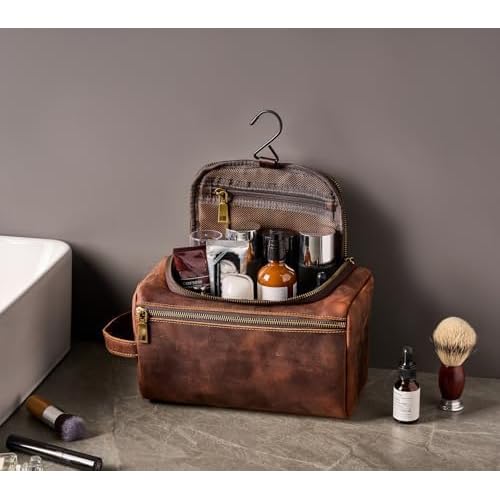 EURYNOME Leather Unisex Toiletry Bag Travel, Genuine Leather Shaving Dopp Kit - Mens Toiletry Bag With Hook -Makeup Cosmetic Organizer Kit - Men Travel Toiletries Bag Groomsmen Gift