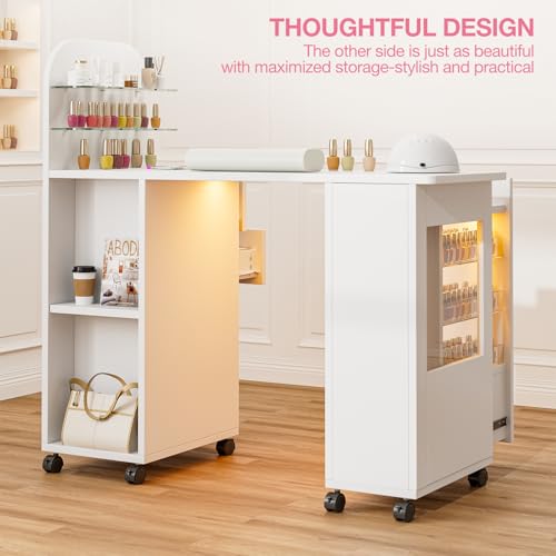Professional Nail Desk with LED Display Cabinet & Storage