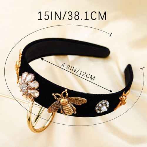 Black Baroque Headband Pearl Rhinestones Hairband with Beaded Hair Ties Handmade Velvet Hair Hoop Wide Head Band for Women (Bee)