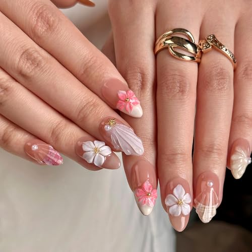 MAGLFELL S Size Press On Nails - 3D Almond French Fake Nails, Reusable Thick Acrylic Gel Manicure Kit
