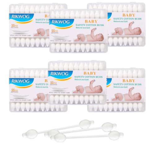 RIKWOG Baby Swabs 330 Count 6-Pack Large Safety Tip Organic Cotton with Paper Sticks