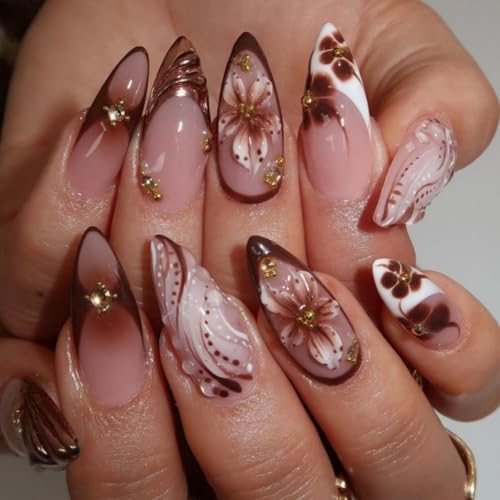 Brown French Tip Press On Nails - Medium Almond 5D Flower Design 24Pcs