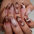Brown French Tip Press On Nails - Medium Almond 5D Flower Design 24Pcs