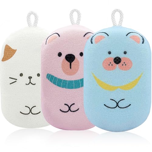 Kids Bath Loofah Sponge 3-Pack with Pink, Blue, White - Soft Exfoliating Body Scrubber for Babies & Toddlers