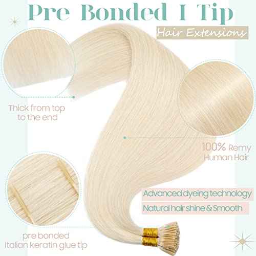 S-noilite Pre bonded I Tip Hair Extensions Human Hair Fusion Stick Tip for Women 100Strands 50Gram Remy Human Hair Piece Invisible Keratin Glue K Tip in Hair 18Inch #60 Platinum Blonde