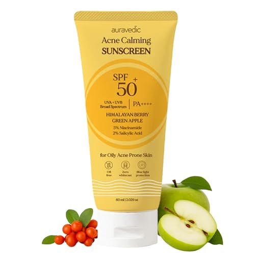 Auravedic Acne Calming Sunscreen SPF 50 PA++++ | Oil-Free Broad Spectrum UVA/UVB Face Sunscreen with 5% Niacinamide & 2% Salicylic Acid | For Oily & Acne-Prone Skin | 2.12 Oz (60g)