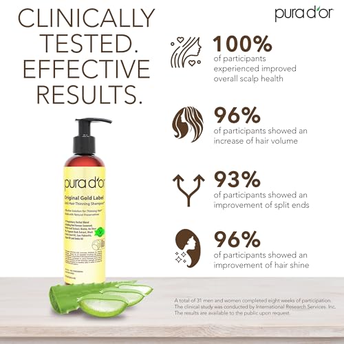 PURA D'OR 8 Oz Original Gold Label Anti-Thinning Biotin Shampoo Natural Earthy Scent, CLINICALLY TESTED Effective Results, Herbal Blend Hair Thickening Products, Women & Men, Color Treated Hair