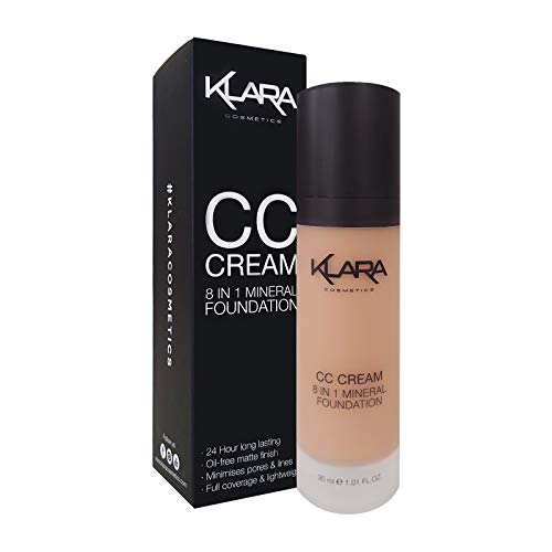 Klara Cosmetics CC Cream 04 Medium Dark 8 in 1 Mineral Foundation Long Lasting Poreless built-in Primer SPF 15