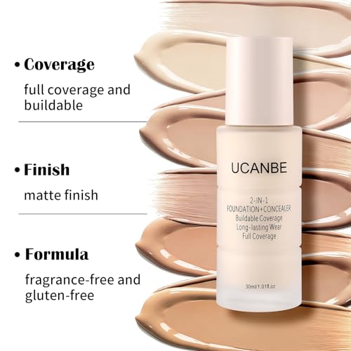 UCANBE 2-IN-1 Foundation + Concealer, Full Coverage Long-Lasting Matte Makeup for Normal, Combination and Oily Skin, Buildable Waterproof Formula with Hyaluronic Acid £¨01 Fair Ivory£©