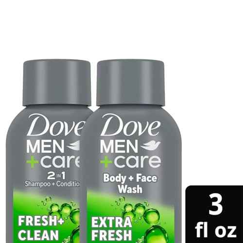 Dove Men+Care Travel Essentials Bundle ??Extra Fresh Body & Face Wash & Fresh + Clean 2-in-1 Shampoo, 3 Oz Ea
