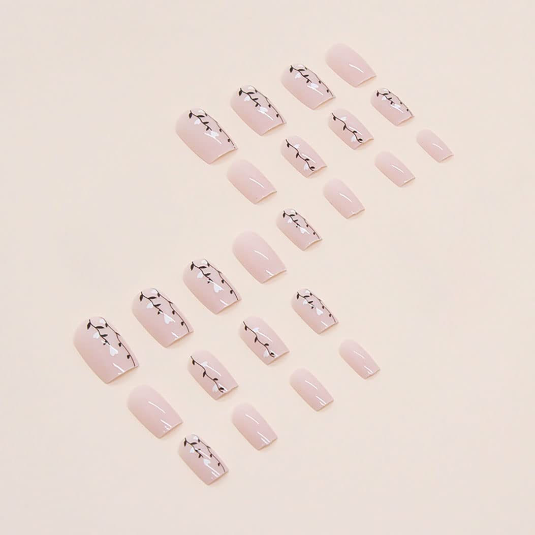 RikView Square Press on Nails Medium Fake Nails Nude Nails Glossy Full Cover Nails 24 PCs/Set