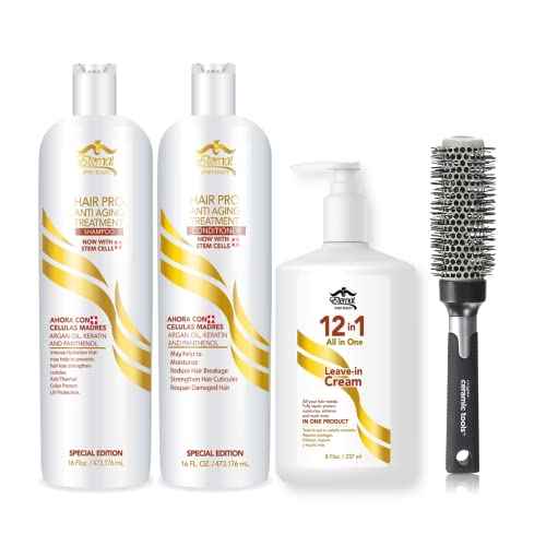 Eternal Spirit Beauty Pro Hair Treatment Bundle: 16 oz Shampoo, 16 oz Conditioner, 8 oz Leave-in Cream with Swiss Stem Cells, and Free Round Brush