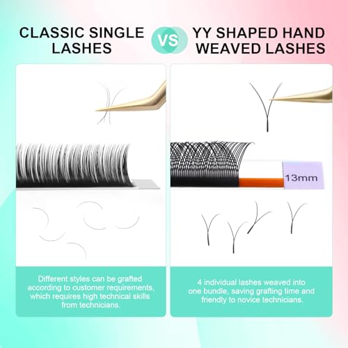 NAGARAKU YY Eyelash Extensions Supplies Y Lash 4D Easy Fan Russian Volume Crisscross YY Eyelashes Handwoven Y Shaped Mesh Wispy Clusters 12 Rows Pre Fanned Eye Lashes Black - 0.07mm D Curl 8-15mm Mix