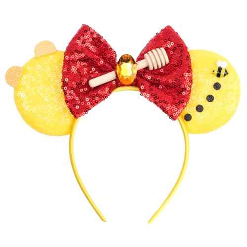 Golden Yellow Mouse Ears Headband, Red Sequin Bow with Honeycomb Accents for Theme Parks & Birthday Parties