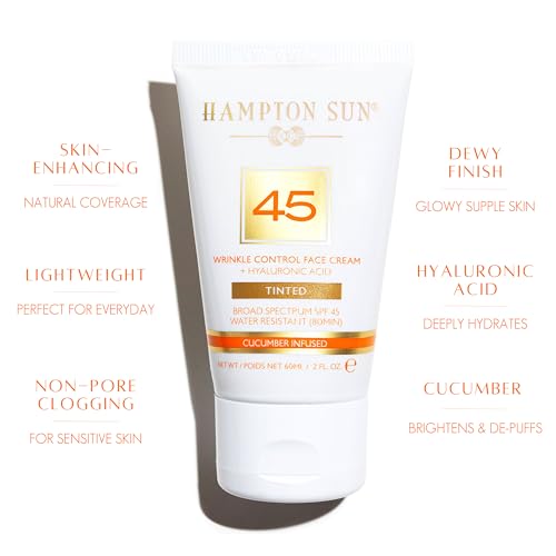 Hampton Sun SPF 45 Tinted Wrinkle Control Face Cream. Daily Moisturizer + Sunscreen. Light, Blendable Coverage. Dewy, Glowy Finish. Hyaluronic Acid + Organic Cucumber Extract Plumps + Brightens