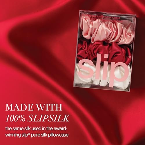 slip Large Scrunchies: Rosy | Set of 3 Pure Silk Large Scrunchies | Includes 1 Scarlet, 1 Rose, 1 White | 100% Mulberry Silk, Anti-Crease, Gentle on Hair, Reduces Breakage